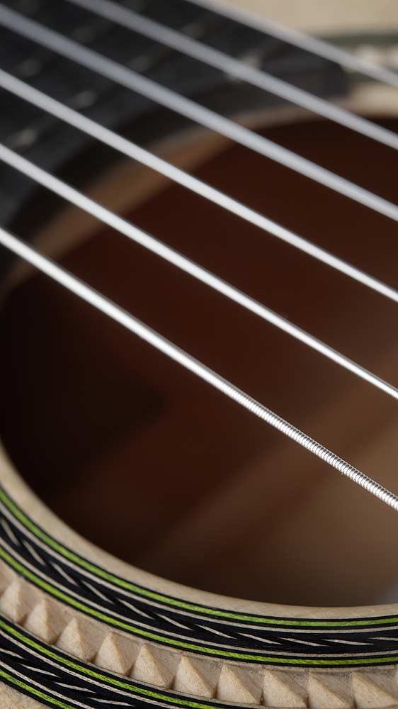 Ausschnitt des Schalllochs des Gitarrenmodells ANIMA mit Rosette und Saiten - Schrägansicht